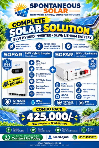 SOFAR 6kW Hybrid Solar Inverter + 5kWh Lithium Battery Combo