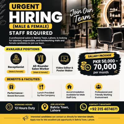 Male Female Salon Staff Receptionist Video Editor in BahriaTown Lahore