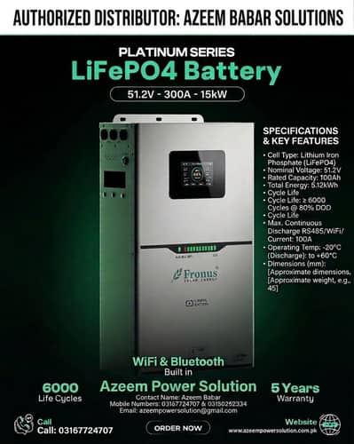 Fronus platinum 15kw51.2v lithium Battery 300Ah Details in Discription
