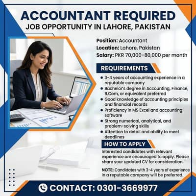 Accountant Required – Lahore | Accounts Jobs | Female Accountant