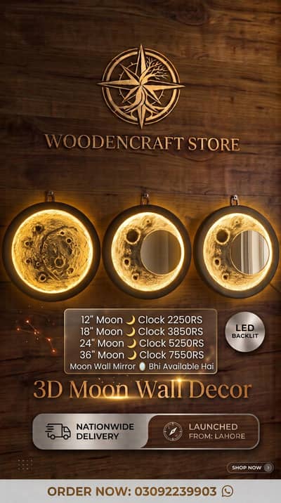 Premium 3D Moon Wall Decor & Clocks by Wooden
