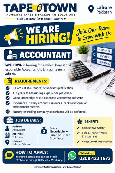 Accountant Required – TAPE TOWN Lahore