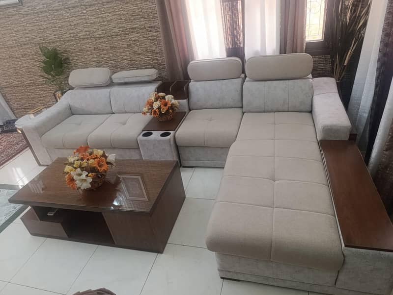 customized L-shaped sofa set and 2 single seater sofas and table 0