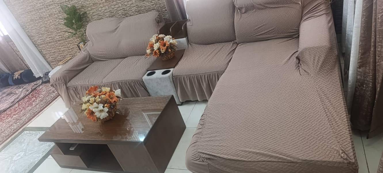 customized L-shaped sofa set and 2 single seater sofas and table 7