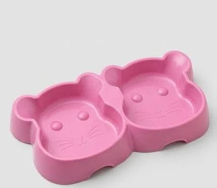 Double Cat Face Pet Food Bowl – 2 Compartment Plastic Feeding Dish for Cats & Dogs