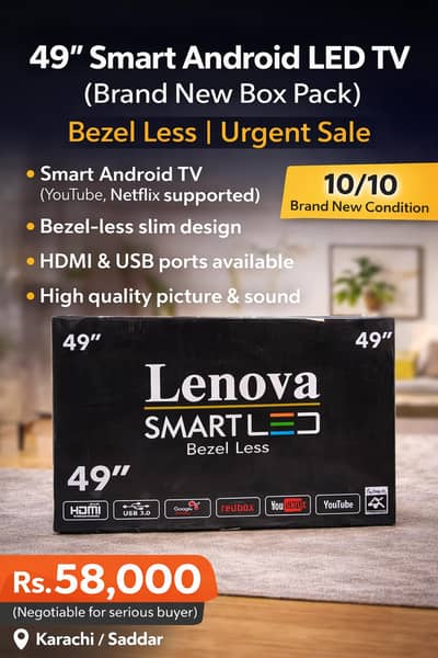 49” Smart Android LED TV (Brand New Box Pack) – Bezel Less