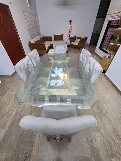 Elegant 6-Seater Carved Wood & Beveled Glass Dining Table Set