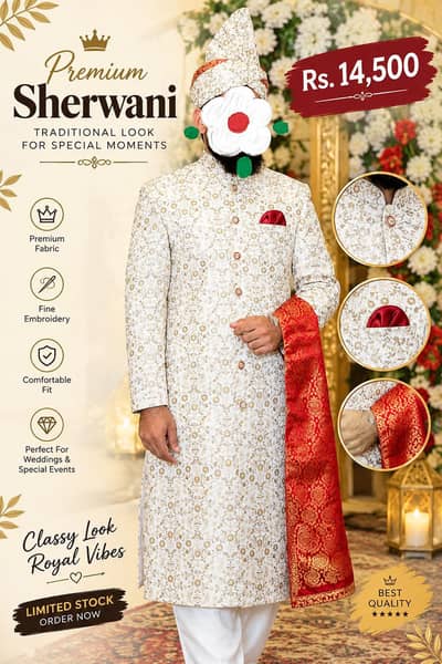 Premium Groom Sherwani for Wedding| Off-white Embroided Sherwani