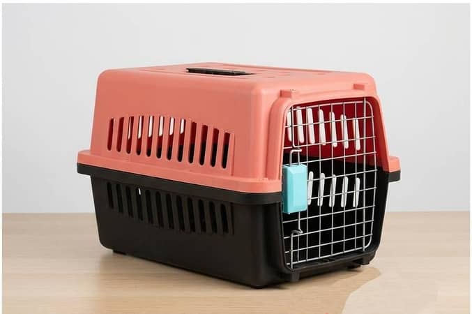 Portable Cat Jet Box Cage Pink & Black – Plastic Pet Travel Crate with Metal Door and Ventilation