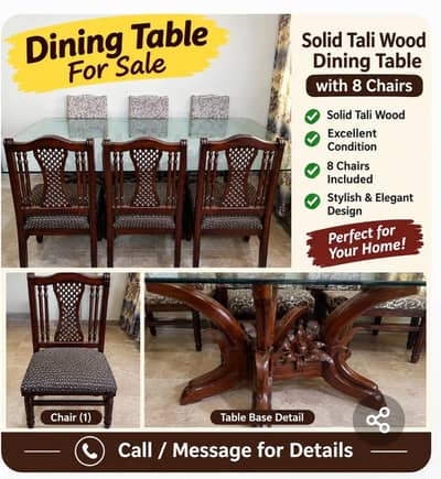 Solid Tali Wood Dining Table with 8 Chairs for Sale De