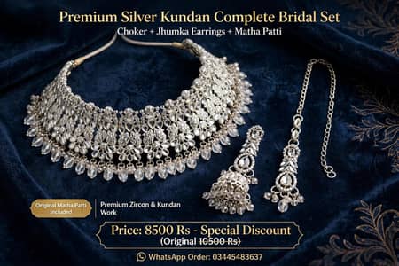 premium silver Kundan bridal complete set- choker jhumka mata Patti