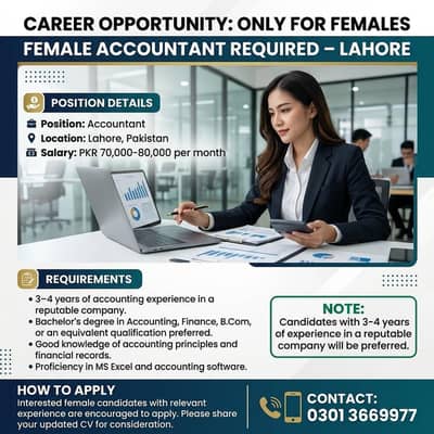 Accountant Required – Lahore | Accounts Jobs | Female Accountant