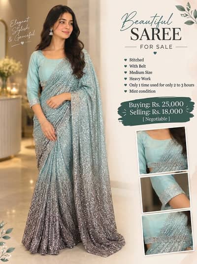 Mint Green Saree | Heavy Work Saree | Stitched Saree | Party Wear