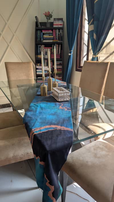 6 seater dining table with glass top and foam seats