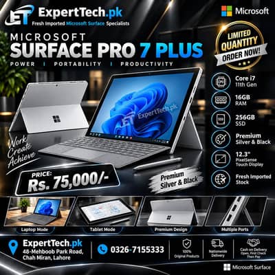 Microsoft Surface Pro 7+ i7 11th gen 16gb ram 256gb nvme fresh import