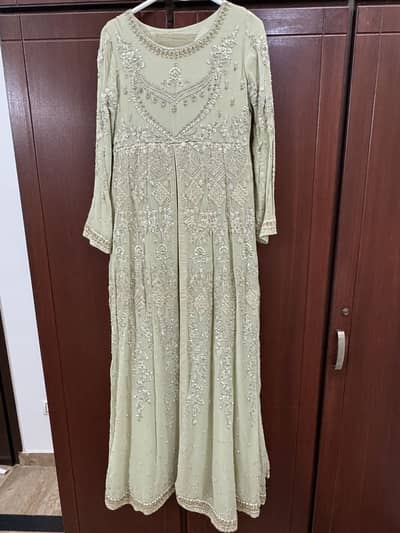 Formal long frock light pista colour small size 3 piece