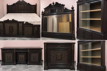 Bed, sidetables, dressing table, showcase