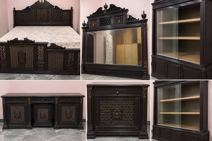 Bed, sidetables, dressing table, showcase 0