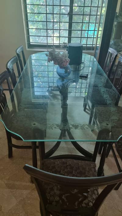 Large 8 Feet Wooden Dining Table with Glass Top & 8 Chairs