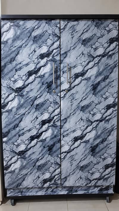 Modern Marble-Print 2-Door Wardrobe with Lockable Drawer & Wheels