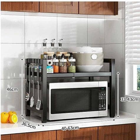 1CS Extendable Microwave Oven Rack, 15.7~24.8" L Expandable Microwave Stand with Storage Shelf Heavy Duty with 6 Hooks and Chopsticks Cutting Board Holder for Kitchen Countertop R6175