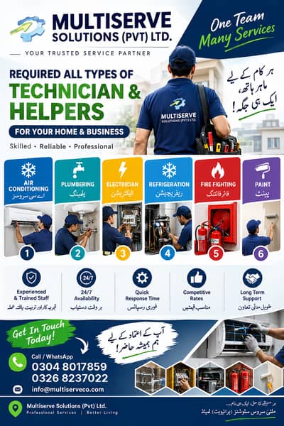 Required: All Types of Technicians & Helpers (AC, Plumber, Electrician