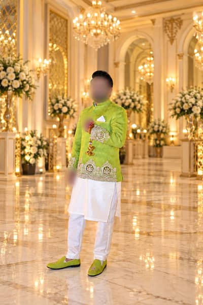 Parrot Green Mehendi Prince Coat, Hand Embroidered Zardozi + Shoes