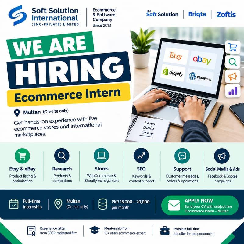 Ecommerce Intern, Get hands-on experience (On-site, Multan ...
