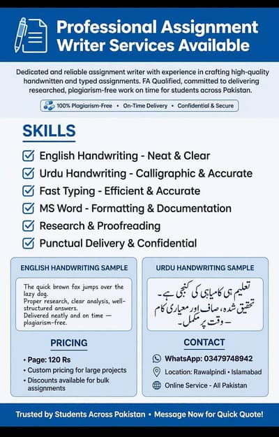 assignment writer - english / urdu Handwriting + typing + MS word