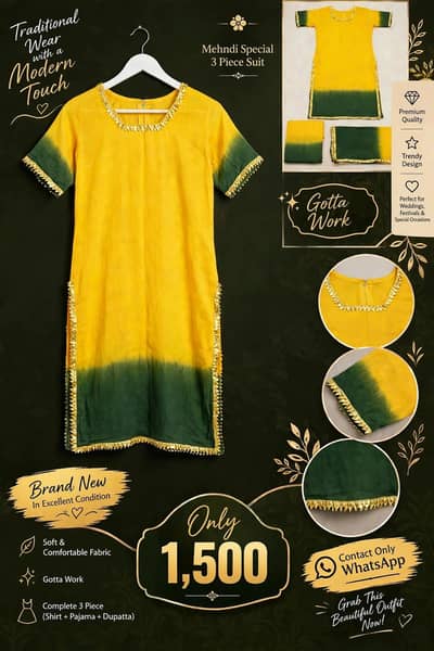 Mehndi Gotta dress 3pcs | Shirt, Dupatta & Choori pajama