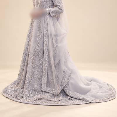 Binte Jaz Grey Walima Dress – Bridal Maxi with Tail, Worn Once
