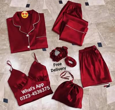 Silk Night Suit l 5 PCs l Free Delivery l What'sapp l 0323-4536375