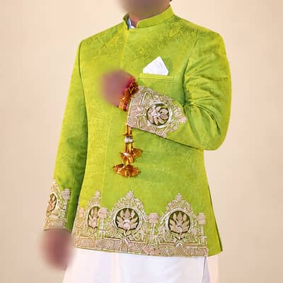 Parrot Green Mehendi Prince Coat, Hand Embroidered Zardozi + Shoes