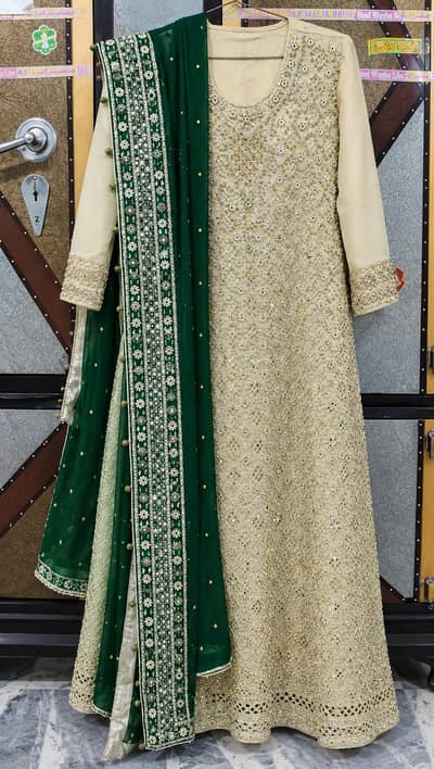 Beautiful Golden Embroidered Fancy Dress with Green Dupatta