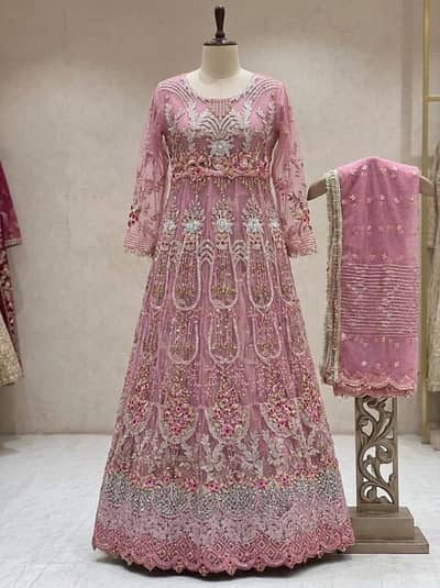 gorgeous pink heavily  embroidery long froq with dupata