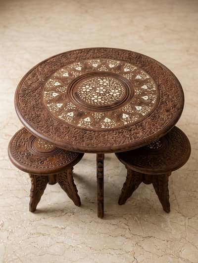 Hand-Carved Wooden Tables Set & Rehal for Sale
