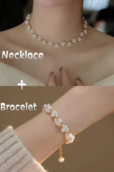 Gold plated pearl necklace & breclet set for women