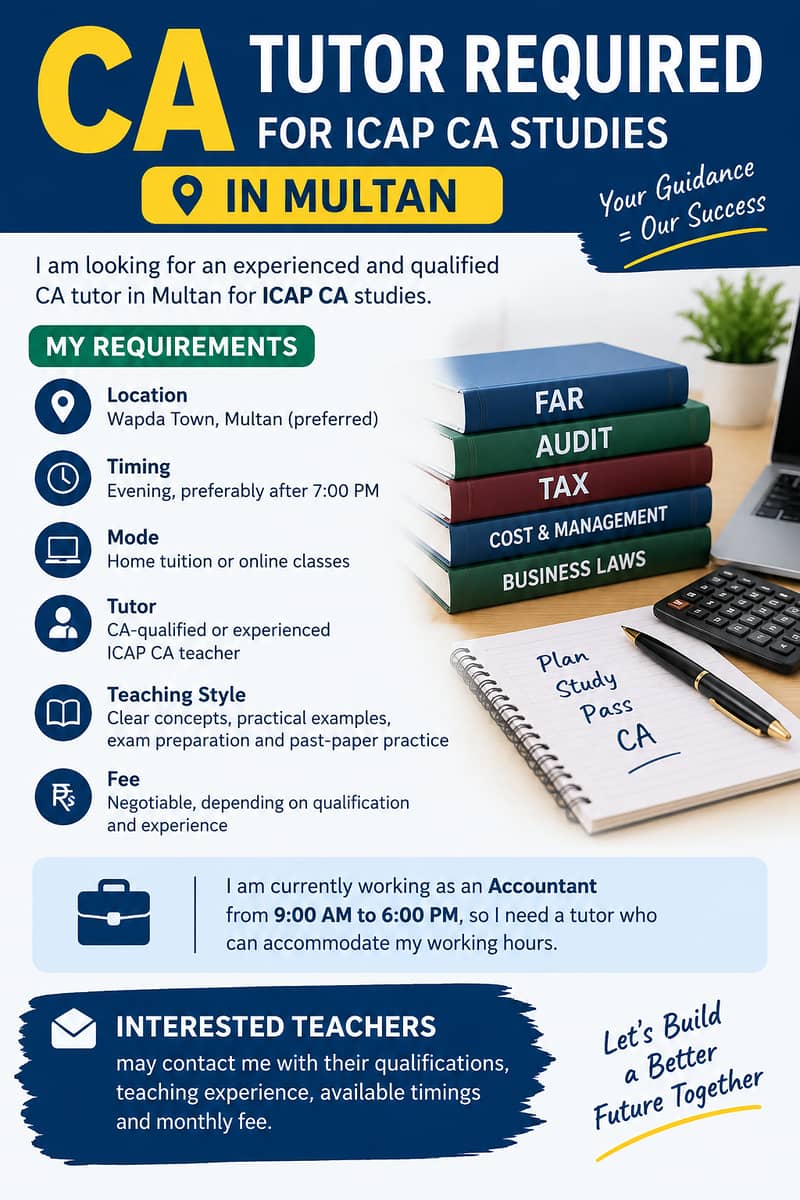 CA Tutor Required – Evening Classes in Multan 0