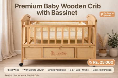 Premium baby wooden crib with Bassinet