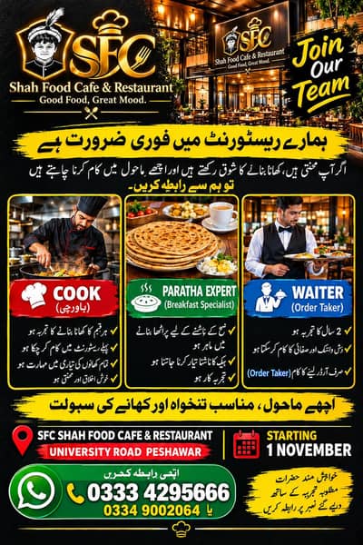 Urgent Hiring for Cook, Paratha Expert & Waiter