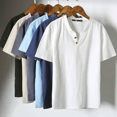 Men Line Button Short Sleeve T-shirt White Size-color:2XL-Khaki