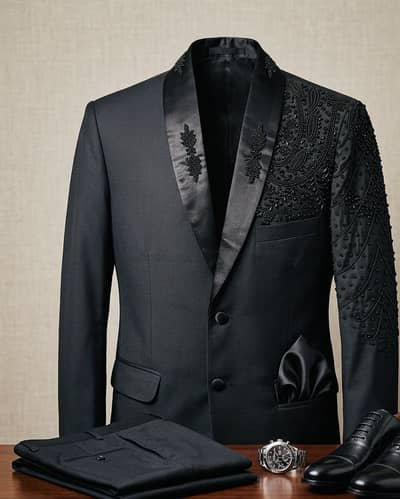 Men's Designer Tuxedo Coat - Black Beads Handwork - Shawl Collar