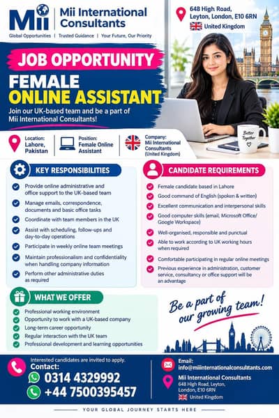 Female Online Assistant Required for a Company in UK