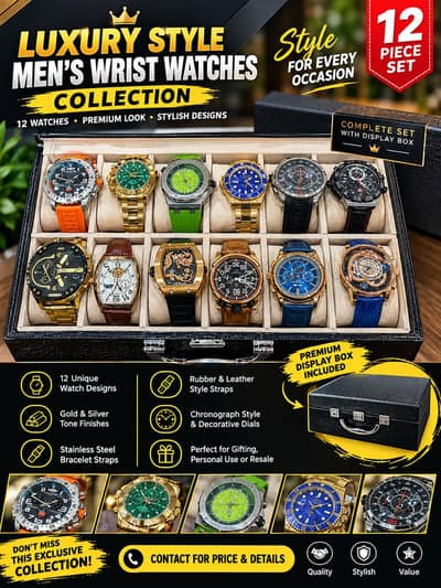 Luxury Style Men's Wrist Watches Collection – 12 Watches with Display