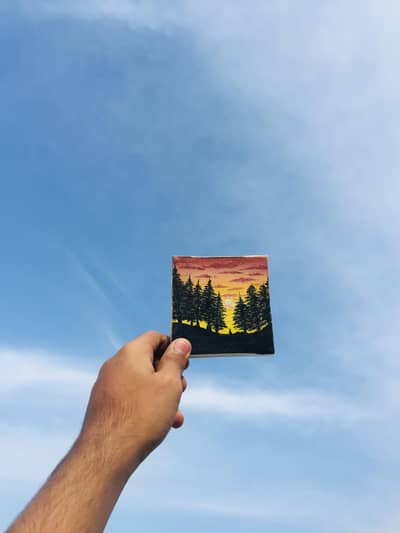"Handmade Miniature Pine Forest Sunset Acrylic Painting