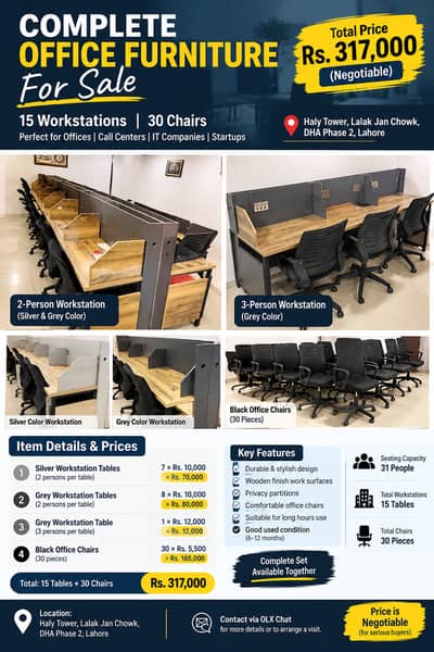 Complete Office Furniture for Sale – 15 Workstations & 30 Chairs