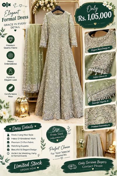 Elegant sage green Formal maxi dress with Heavey embroidery & Dupatta