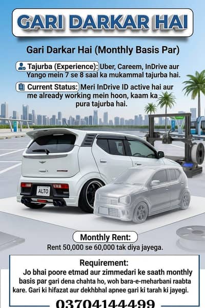 aoa bhaiyu muje monthly basis per gari chye for indrive