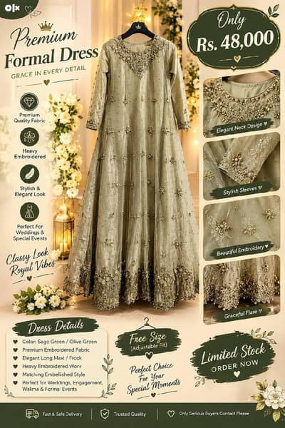 Element olive green Embroidered Formal Maxi dress | Fancy wedding|