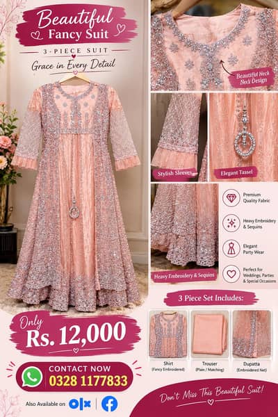 Fancy Peach Pink 3 Piece Ladies Suit – Heavy Embroidery